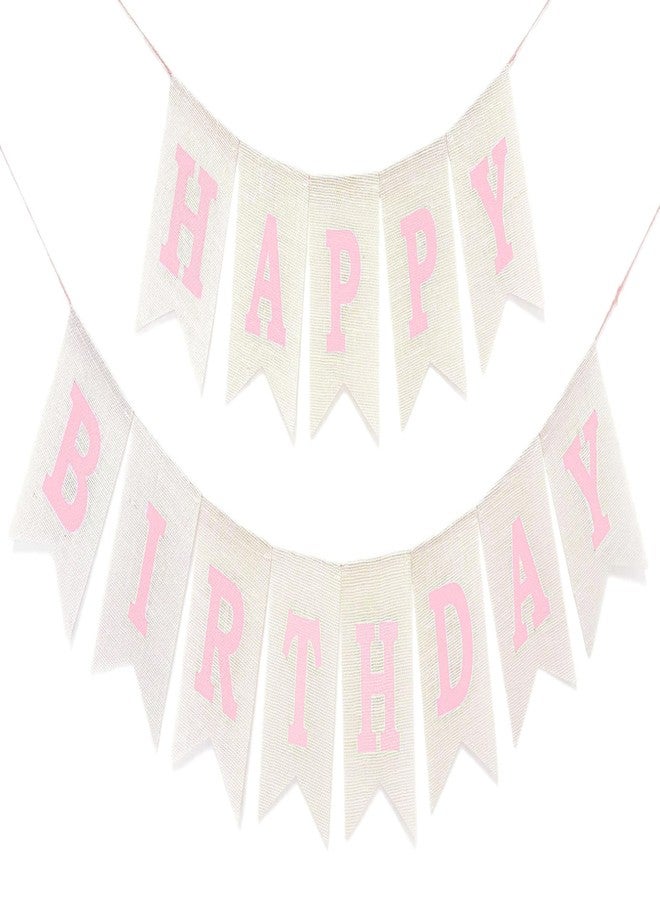 CROWNOS Pink Happy Birthday Banner Sign, Burlap Pink Happy Birthday Party Decorations for Girls Women - Image 1